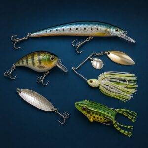 Assorted minnow, crankbait, spinnerbait, spoon and frog fishing lures